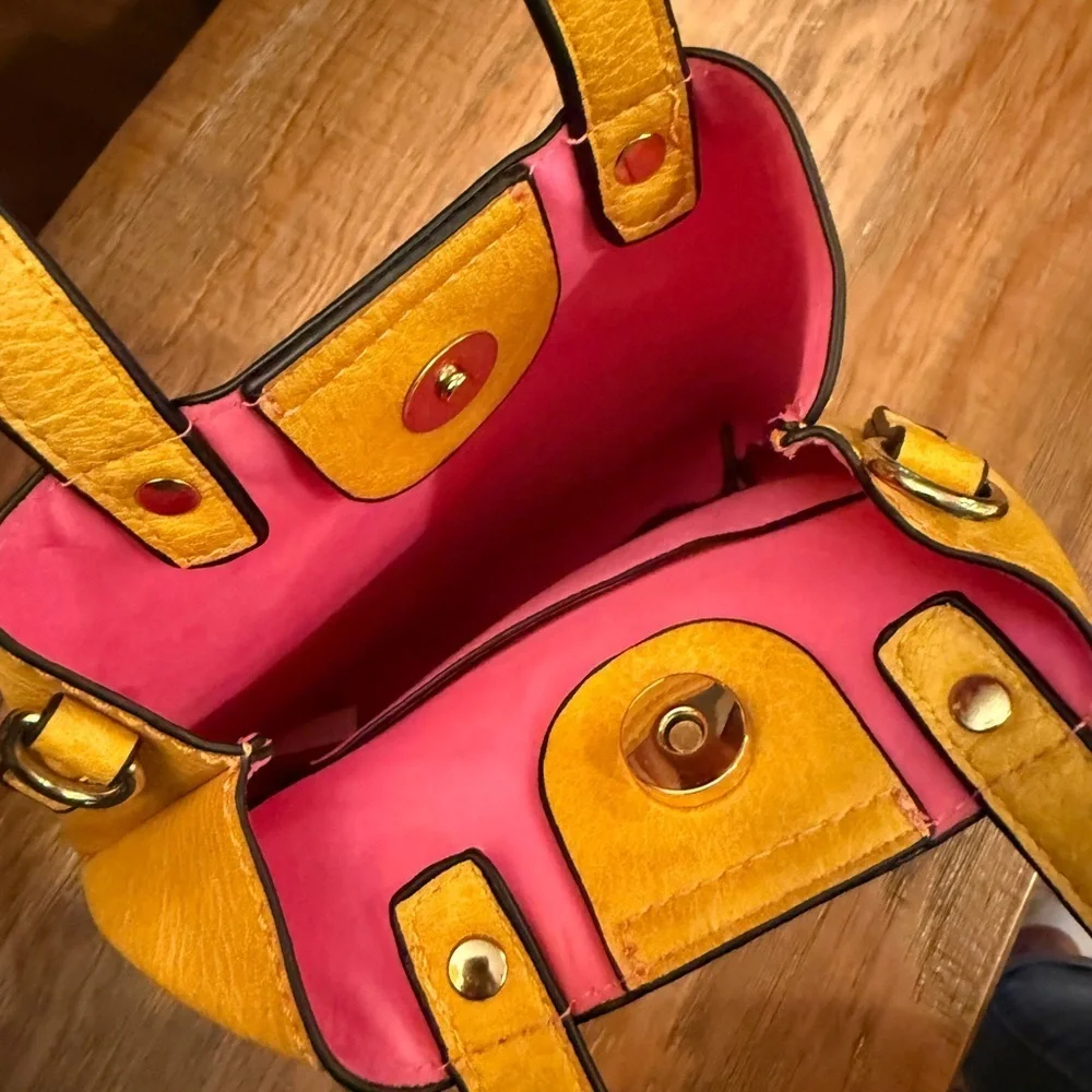 Small Mustard Yellow Tote Bag Pink Inside